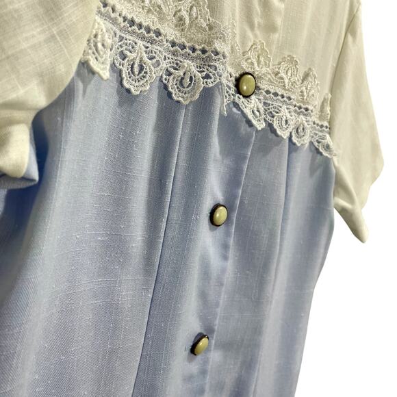 Vintage 80s ILGWU Manikin Woven Charleston Blue & White Pleated Trim Dress - Picture 5 of 13